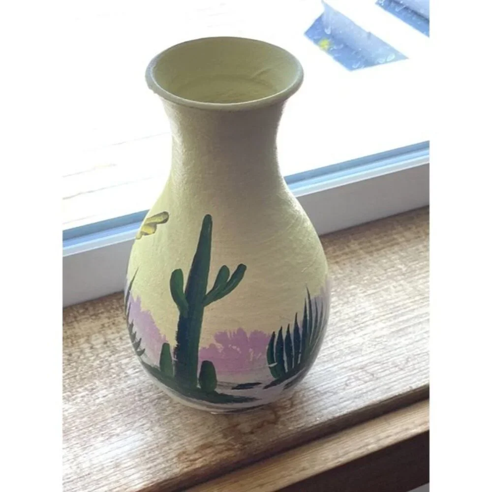 2007 Southwestern Roadrunner Cactus Painted Yellow Vase Signed
